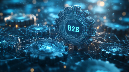 "B2B" surrounded by abstract line graphs and gears, symbolizing business collaboration and systems. Bright lighting, contrast