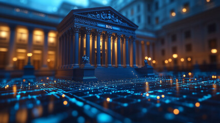 "B2G" on a deep blue background with a minimalist courthouse icon subtly glowing behind the text. Bright lighting, contrast