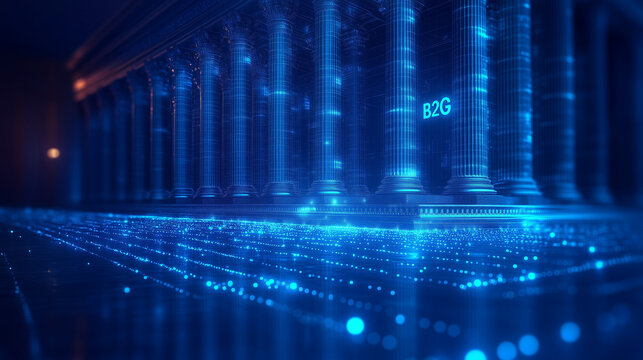 "B2G" on a deep blue background with a minimalist courthouse icon subtly glowing behind the text. Bright lighting, contrast