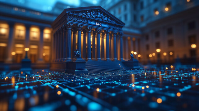 "B2G" on a deep blue background with a minimalist courthouse icon subtly glowing behind the text. Bright lighting, contrast