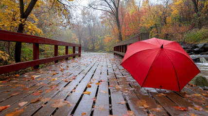 Crimson umbrella resting against weathered bridge railing, autumn raindrops falling amid vibrant fallen leaves