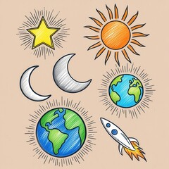 Obraz premium Colorful Hand Drawn Space Elements Sun Earth Moon Star Rocket Illustration
