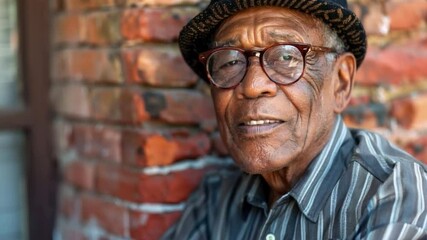 Video of an elderly man in glasses and hat smiling against a brick wall is suitable for social projects, medical presentations.
