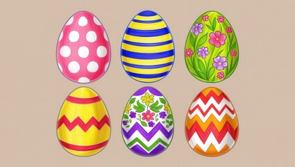 Colorful Easter Eggs Collection Polka Dots Stripes Flowers and Zigzags Design