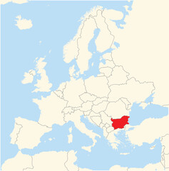 Location Map of the country Bulgaria in Europe. The country is highlighted with a red polygon. No labels at all.