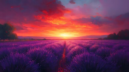Obraz premium Sunset over Lavender Field in Provence, France