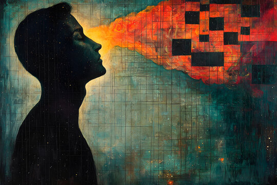 The connection of the human being with higher planes of consciousness. Man shape meditating