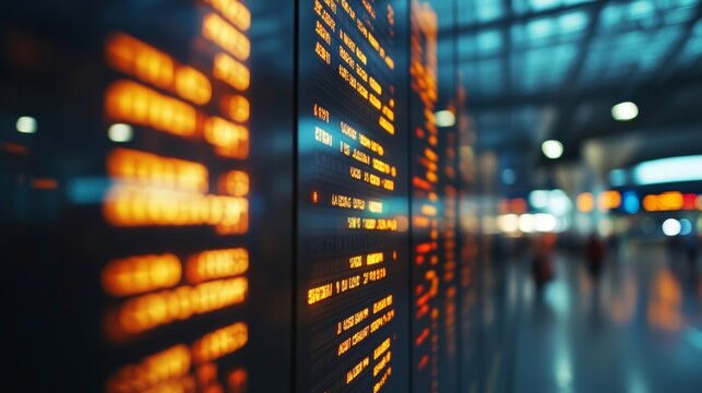 Airport flight status display board showing delayed flights with illuminated letters and updates
