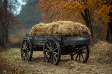 Wooden cart loaded with hay in a beautiful autumn landscape, creating a nostalgic rural scene