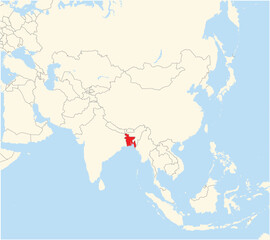 Location Map of the country Bangladesh in Asia. The country is highlighted with a red polygon. No labels at all.