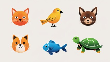 Fototapeta premium Adorable Cartoon Animal Faces Cats Bird Fish Turtle Illustrations