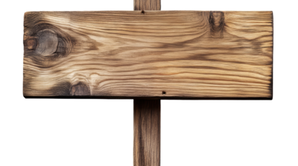 Rustic Wooden Signpost: A weathered, rectangular wooden sign with a rustic, natural texture, mounted on a simple wooden post.  Perfect for adding a vintage or rustic touch to your designs.