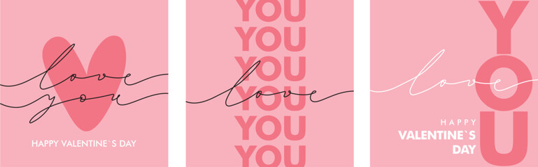 Valentine`s day card set with love you message, lettering on pink background, vector illustration, template for greeting cards, invitation,poster,banner,modern design