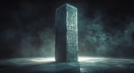 An imposing stone pillar featuring intricate ancient carvings rises from a shadowy landscape. The dim lighting creates an eerie atmosphere, emphasizing the pillar's historical significance.