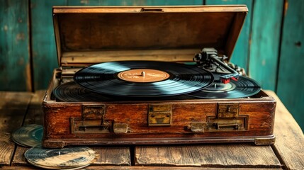 Vintage Wooden Record Player with Vinyl Record