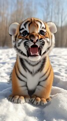 Fototapeta premium Playful tiger cub roaming in snowy forest animal photography winter wonderland close-up view wild nature