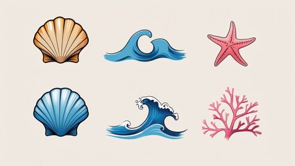 Vibrant Ocean Life Illustrations Shells Waves Starfish Coral Clipart