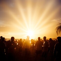 Fototapeta premium Vibrant Sunset Over Beach Crowd with Tropical Vibes in Background