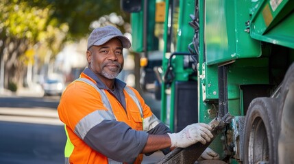 A sanitation worker standing near a green garbage truck. Middle-aged man in an orange reflective vest, representing urban waste management. Perfect for civic or public service themes.