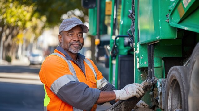A sanitation worker standing near a green garbage truck. Middle-aged man in an orange reflective vest, representing urban waste management. Perfect for civic or public service themes.