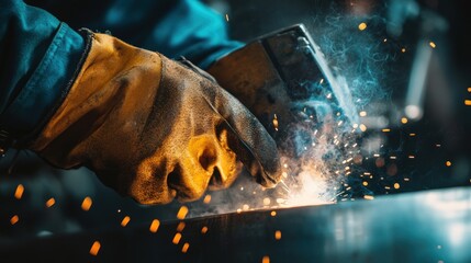 A welder working on a metal surface, glowing sparks all around. Intense close-up of craftsmanship and engineering. Great for showcasing industrial processes and safety standards.