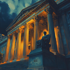 "B2G" written on a textured background featuring a stylized courthouse with digital overlay effects. Bright lighting, contrast