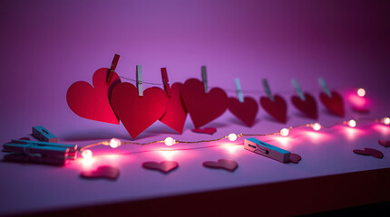 Valentine's Day, paper hearts on string, soft pink lighting, romantic atmosphere, fairy lights, glowing candles, shadow play, tabletop scene, cozy ambiance, love theme, intimate setting, warm colors, 