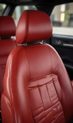 Obraz premium Close-up of red leather car seat with scuffs and scratches, set against a blurry background of the car's interior, car seats, worn leather