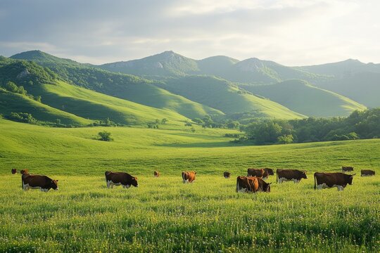 Healthy brown and white cows grazing on lush green pasture with rolling hills and mountains, creating a peaceful rural landscape - Powered by Adobe