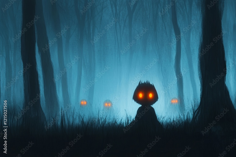 Poster a haunting depiction of a figure sitting in a dark forest, nervously glancing at glowing red eyes em