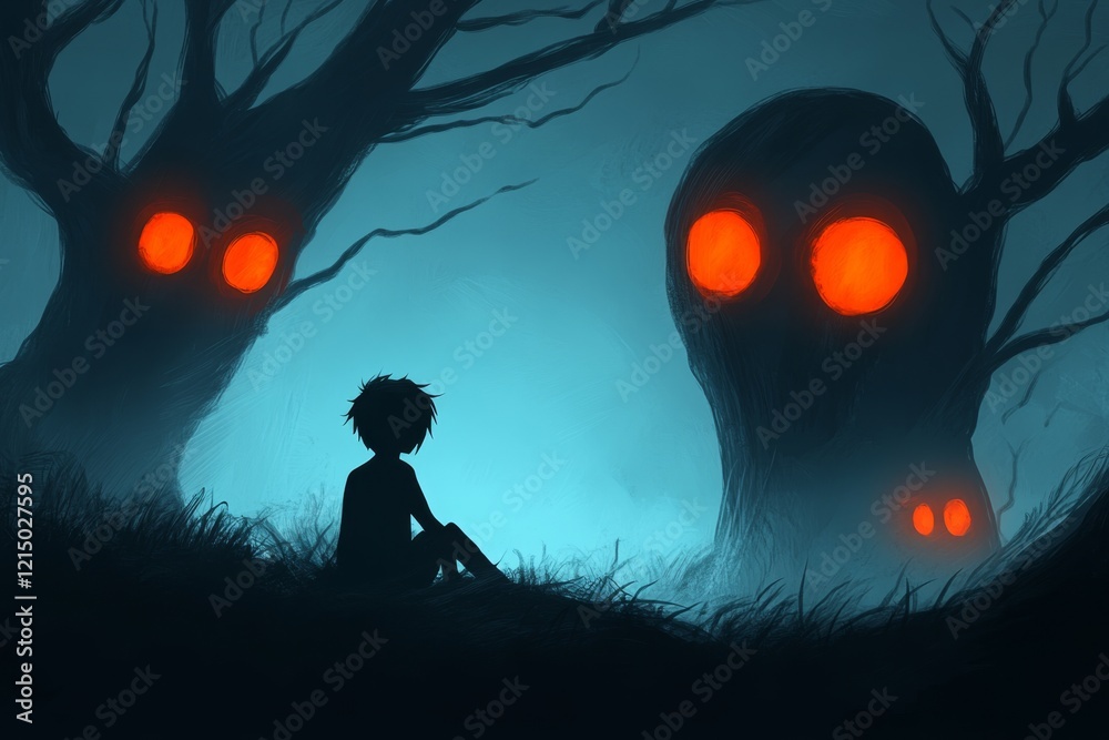 Poster a haunting depiction of a figure sitting in a dark forest, nervously glancing at glowing red eyes em