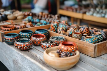 A bustling local craft market filled with a collection of unique artisanal goods, each stall offering handcrafted items that reflect the creativity of local artists