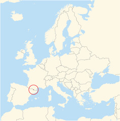 Fototapeta premium Location Map of the country Andorra in Europe. The country is highlighted with a red polygon. No labels at all.