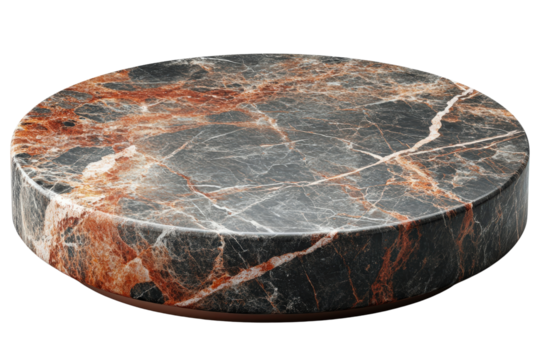 Round marble table featuring a black and red marble top with a polished finish in a modern setting isolated on transparent background.