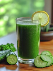 Fresh green juice in glass with cucumber and lemon.