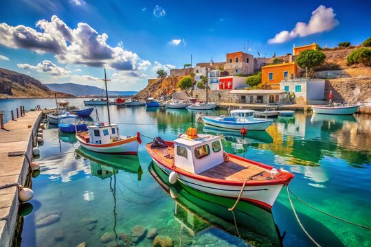 Kasos Island Greece: Picturesque Fishing Boats in Calm Harbor Summer Day