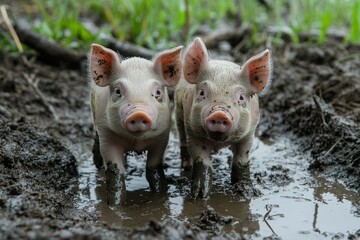 Two adorable piglets are enjoying a mud bath on a farm, a natural behavior for these intelligent animals