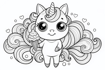 Fototapeta premium Kawaii Unicorn with Ice Cream Cone: Whimsical Black & White Line Art Coloring Page