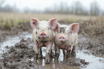 Two young pigs are enjoying a mud bath on a farm