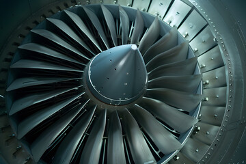 Detailed view of a modern jet engine's turbine blades and components