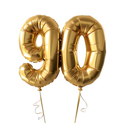 Number "90" foil golden balloon isolated on white background