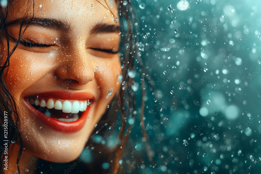 Poster a hyper-realistic image of a person face lit up with pure joy, with sparkling eyes and a wide smile 