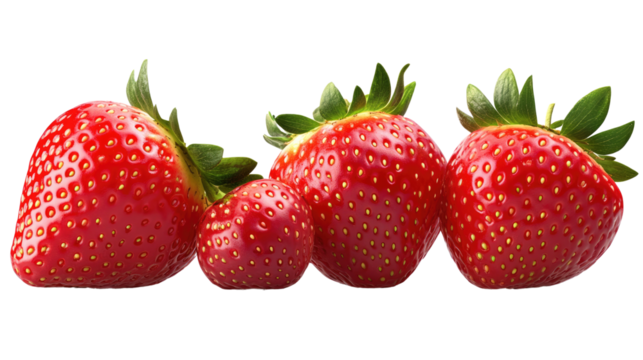 Luscious Strawberries: Four ripe, red strawberries, glistening with freshness, arranged in a vibrant row.  Their green caps add a pop of color, showcasing their natural beauty.