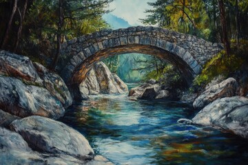 Fototapeta premium bridge over the mountain river . A serene painting depicting a stone bridge gracefully arching over a flowing river, surrounded by lush greenery.