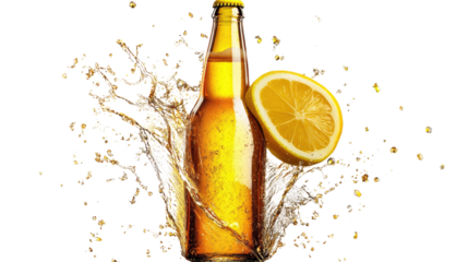 Refreshing Summer Fizz: A crisp, refreshing bottle of beer, with a zesty lemon wedge perched on top, explodes in a burst of golden bubbles, capturing the essence of summer refreshment.