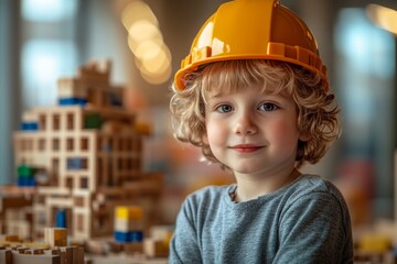 Portrait of a smiling child wearing a construction helmet and building with wooden blocks