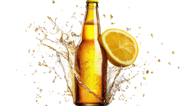 Refreshing Summer Fizz: A crisp, refreshing bottle of beer, with a zesty lemon wedge perched on top, explodes in a burst of golden bubbles, capturing the essence of summer refreshment.