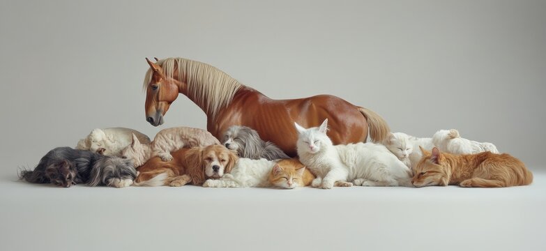 Serene Gathering of Furry Friends: A Beautiful Cohesion of Horses, Dogs, and Cats Resting Comfortably Together on a Soft Surface, Exuding Warmth and Harmony