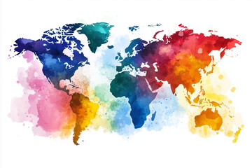 Watercolor world map, High detailed Multicolor Watercolor World Map Illustration on white Background