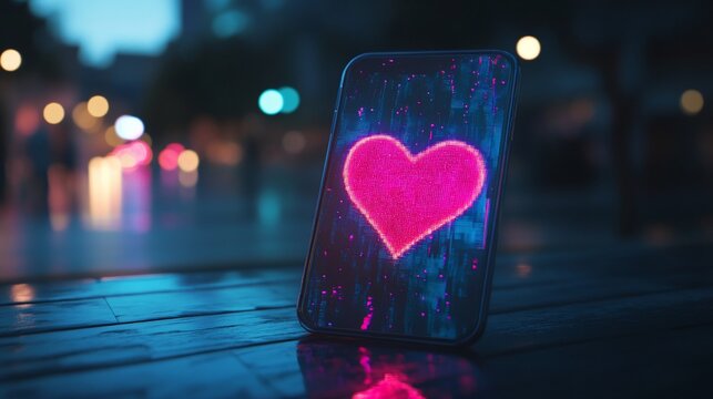 Glowing heart symbol on a mobile phone screen on a dark night city background